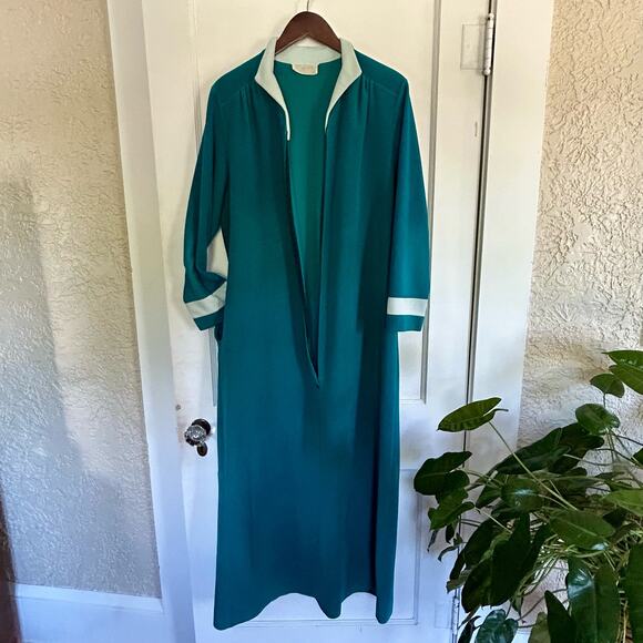 Vintage 70s Vanity Fair Velour Robe Teal & White Zip Front Lounge Dress Size 14 - Picture 8 of 15